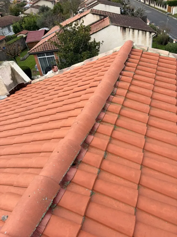 Vue d'ensemble du chantier montrant la transition nette entre les nouvelles tuiles Talia rouge vif à droite et l'ancien faîtage en mortier nettoyé et repointé à gauche